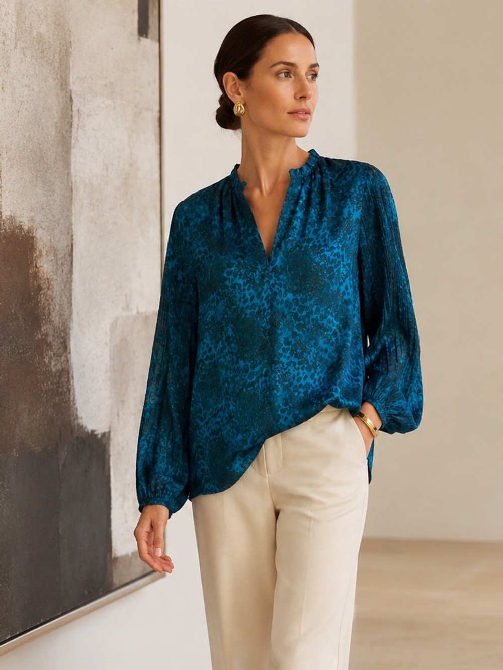 Whistles Teal Animal Print Dobby Blouse Voluminous Sleeve Size 10